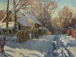 Wintersonne in Līči nahe dem See ‘Juglas ezers’ bei Riga Öl auf Malkarton; 76 × 96 cm, 1970