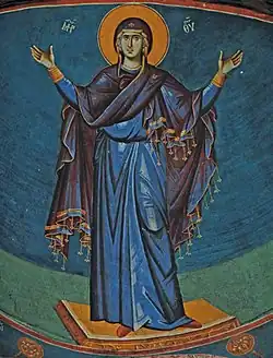 Fresko der Blacherniotissa Orantenpose aus dem 13. Jahrhundert in der Theotokos Peribleptos Kirche in Ohrid in Mazedonien