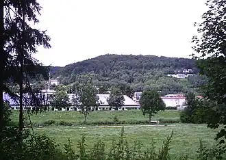 Blick Über die Wutach im Vordergrund die Reithalle, dahinter der Funkmast der Polizeidirektion Tiengen darüber das ehemalige Krankenhaus und der Vitibuckturm