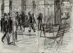 Passanten vor Mars und Bahlmann, Kreidezeichnung, 1893–1894