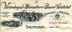 Briefkopf der Württembergisch-Hohenzollernschen Brauerei-Gesellschaft mit Ansicht der Produktionsstandorte in Stuttgart und Hechingen, 1906
