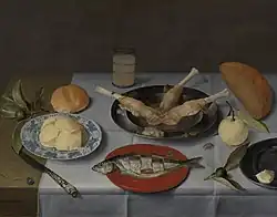 Jacob van Hulsdonck Stillleben mit Fischmahlzeit, Schweinepfoten u.&nbsp;a.