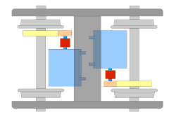 Sche­ma­tische Dar­stel­lung ei­nes Trieb­dreh­ge­stel­les mit zwei Elek­tro­mo­to­ren: blau – Fahrmotor, rot – Kupplung, rosa – Ritzel, gelb – Großrad