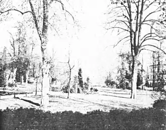 Der 1882 angelegte Park des Lindenplatzes vor seiner weitgehenden Beseitigung 1905, von der Puppenbrücke aus gesehen
