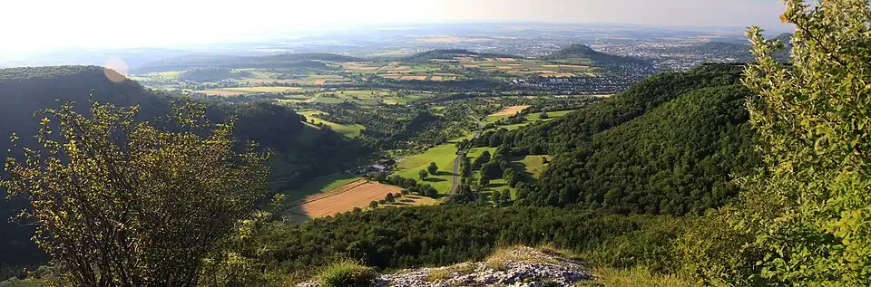 Blick vom Wackerstein (825,9&nbsp;m) südlich von Reutlingen mit Zeugenbergen: Links Scheibenbergle, in Bildmitte Gaisbühl und Georgenberg, rechts im Norden Pfullingen und Reutlingen mit Scheibengipfel und Achalm