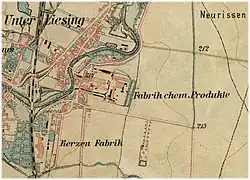 Das Werksgelände als „Fabrik chem. Produkte“ im Osten von Liesing 1872