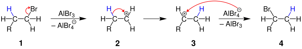 Isomerisierung eines Halogenalkans.R ist ein Organylrest.