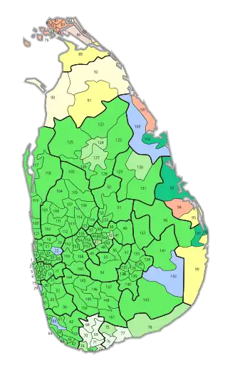 Stimmenstärkste Parteien in den 160 Stimmbezirken:[1] ﻿UNP ﻿UNP, Wahlbeteiligung 20–40 % ﻿UNP, Wahlbeteiligung unter 20 % ﻿SLFP ﻿TULF ﻿TULF, Wahlbeteiligung 20–40 % ﻿EROS ﻿EROS, Wahlbeteiligung 20–40 % ﻿EROS, Wahlbeteiligung unter 20 % ﻿SLMC