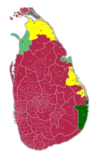 Stimmenstärkste Parteien in den 160 Wahlbezirken: ﻿Mehrheit für die NPP ﻿Mehrheit für die SJB ﻿Mehrheit für die ITAK ﻿Mehrheit für den SLMC ﻿Mehrheit für die EPDP ﻿Mehrheit für unabhängige Gruppierungen