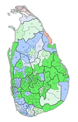 Mehrheiten in den 160 Stimmbezirken: ﻿Premadasa (UNP), Beteiligung > 35 % ﻿Premadasa (UNP), Beteiligung 15–35 % ﻿Premadasa (UNP), Beteiligung < 15 % ﻿Bandaranaike (DPA), Beteiligung > 35 % ﻿Bandaranaike (DPA), Beteiligung 15–35 % ﻿Bandaranaike (DPA), Beteiligung < 15 % ﻿Abeyagoonasekera (SLMP), Beteiligung >35 % ﻿Abeyagoonasekera (SLMP), Beteiligung 15–35 %