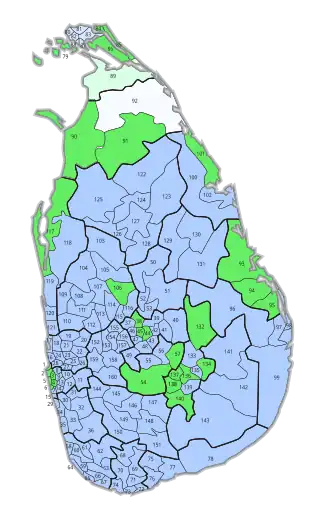 Mehrheiten in den 160 Stimmbezirken: ﻿Kumaratunga ﻿Kumaratunga, Wahlbeteiligung 2,3 % ﻿Wickremesinghe ﻿Wickremesinghe, Wahlbeteiligung 3,8 %