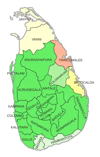 Stimmenstärkste Parteien in den 22 Wahlkreisen:[1] ﻿UNP ﻿UNP, Wahlbeteiligung ~45 % ﻿UNP, Wahlbeteiligung ~20 % ﻿EROS ﻿TULF ﻿TULF, Wahlbeteiligung 34–45 %