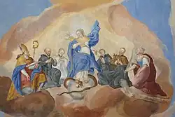 Maria als Mondsichelmadonna, umgeben von Heiligen