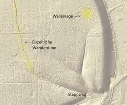 Gelb markierte Wallanlage und Wanderdüne nördlich des Stappweges im LIDAR-Bild