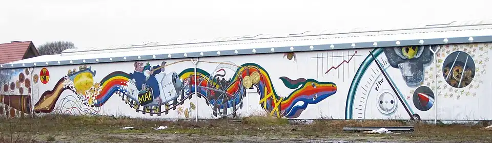 „Nachbarn“. Ahaus, Bahnhof, zusammen mit Gordon Hookey, Aborigin-Künstler aus Australien (2000)