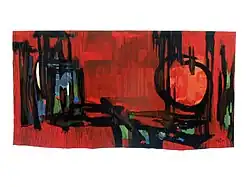 Wandteppich, 1964–1966. Die Schöpfung (Am Anfang schuf Gott den Himmel und die Erde)1. Moses 1–2. Ausführung Margarete Matt (1912–2003), Entwurf Georg Matt (1918–1998). Kirchgemeindehaus Münchenstein.