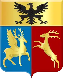 Geflügelter Hirsch mit Hubertuskreuz