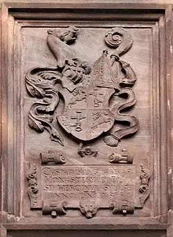 Sandsteintafel mit Wappen von Caspar II. Thoma, Abt des Klosters St. Blasien am Brombacher Schloss (ehemals am Kloster Weitenau)