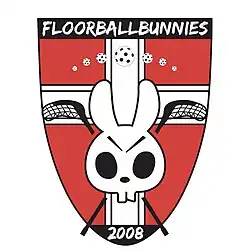 Wappen der Floorballbunnies, das Logo, ein Hasenkopf, im Zentrum mit gekreuzten Schlägern und Wiener Wappen im Hintergrund