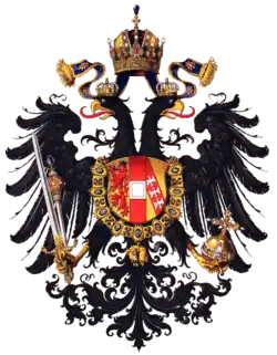 Kleines Wappen Kaisertum Österreich 1815 Der Doppeladler hält Reichsschwert und Szepter in den Fängen, im Brustschild Habsburg-Lothringen mit dem Orden vom Goldenen Vlies.