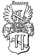 Wappen des Gerhard Rensing (†&nbsp;1713) (= Stammwappen der Rensing) in Siebmachers Wappenbuch (hier fälschlicherweise Reusing)