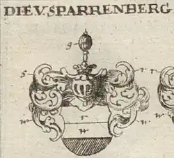 Von Sparrenberg, quergeteilt in rot silber schwarz, Helm mit Streitkolben, Wappenverwandt mit den vogtländischen Roeder, aus Siebmachers Wappenbuch