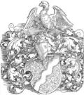 Stammwappen des Michel Beheim (Michel Behaim VII., Ratsherr und Baumeister der Stadt Nürnberg), Holzschnitt; Albrecht Dürer, ca. 1509
