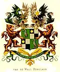 Vereinigtes Wappen derer van de Wall Repelaer im Wapenboek van den Nederlandschen Adel, 1883. In 1 und 4: Stammwappen Repelaer: ein silberner Löffler in Grün, 2 und 3: Stammwappen van de Wall