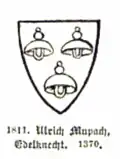 Das Wappen des Edelknechts Ulrich von Maubach zeigt drei 2:1 angeordnete Helme (möglicherweise von Typ Eisenhut)