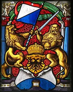 Standesscheibe Zürichs als Reichsstadt, 1557: Banner und Wappen mit Löwen als Schildhalter