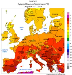 Höchst­temperatur 4. – 17.&nbsp;August 2019 (lila&nbsp;>&nbsp;40&nbsp;°C, rot&nbsp;>&nbsp;30&nbsp;°C; NOAA-NWS-CPC)
