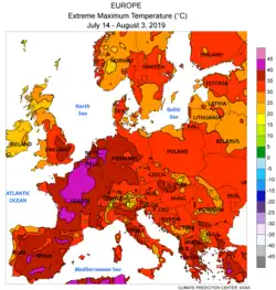 Höchst­temperatur 14.&nbsp;Juli – 3.&nbsp;August 2019 (lila&nbsp;>&nbsp;40&nbsp;°C, rot&nbsp;>&nbsp;30&nbsp;°C; NOAA-NWS-CPC)