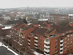 Blick vom Turm. Die Brunnen befinden sich unter dem heutigen Einkaufszentrum.
