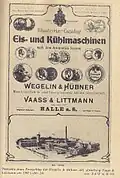 Anzeige der Maschinenfabrik Wegelin & Hübner, Abteilung Vaass & Littmann, um 1902