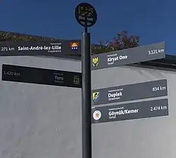 Wegweiser der Dormagener Städtepartnerschaften am Kirjat-Ono-Platz