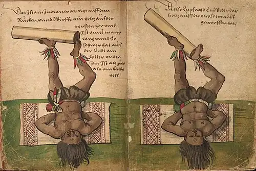 Das Ist ain Indianer der ligt auff dem Rucken, vnnd Wirfft ain holtz aus der versten heraus, Ist aines mans lang vnnd so schwer hat auf der Erdt ain lötter vnder Im Ist als gros als ain kalbs vell S. 8–9