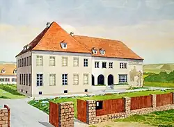 Aquarell des neuen Gebäudes der Weinbauschule Krems in der Wienerstraße 101–1950.