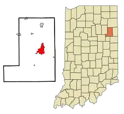 Lage von Bluffton im Wells County (links) und in Indiana (rechts)