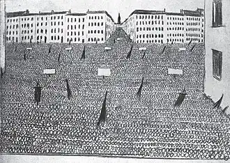 Schwarz-Weiß-Zeichnung einer Menschenansammlung auf der Kreuzung zweier breiter Straßen. Die Menschen sind durch miteinander verbundene Ziffern Null stilisiert.