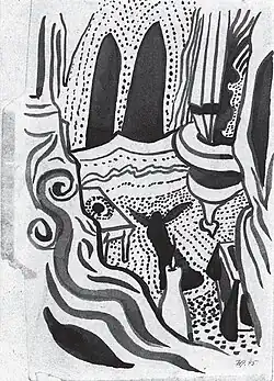 Schwarz-Weiß-Zeichnung von verschlungenen architektonischen Elementen, möglicherweise dem Innern einer Kirche mit Altar und Kanzel. Im Vordergrund brennt eine Kerze, dahinter liegt eine Figur mit Engelsflügeln auf dem Boden.