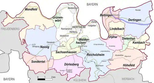 Grafik mit den Ortschaften und Stadtteilen der Stadt Wertheim
