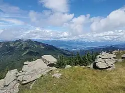 Blick vom Gipfel nach Nordost, links das Roßeck, rechts im Hintergrund Bruck an der Mur.