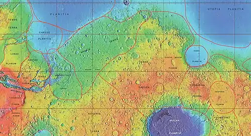 Kartografische Grenzen von Xanthe Terra und anderen Regionen