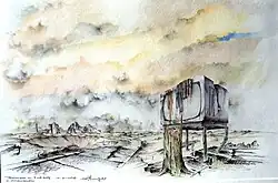 Totalausfall um 5 nach 12, oder Landschaft für Überlebenskünstler, Bleistift-/Buntstiftzeichnung, 1982