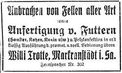 „Anbrachen von Fellen aller Art […]“ (Willi Trotte aus Markranstädt, 1922)