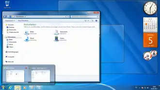 Windows 7 mit dem Desktop im Hintergrund, davor u.&nbsp;a. ein geöffnetes Fenster und unten die Taskleiste