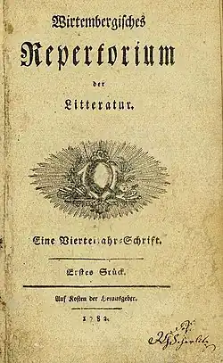 Titelblatt Wirtembergisches Repertorium der Litteratur, 1.&nbsp;Stück 1782