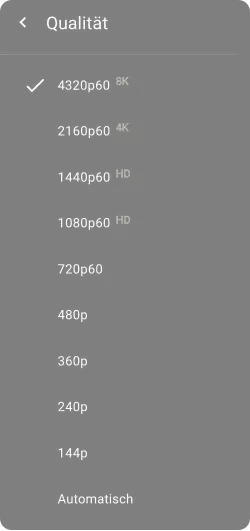 Skala "Qualität" von 4320p60 (oben) bis 144p (unten)