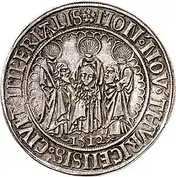 MON(eta) NOV(a) THVRICENSIS CIVIT(atis) IMPERIALIS: «neue Münze der Reichsstadt Zürich», 1512 (mit den Stadtpatronen Felix, Regula und Exuperantius)