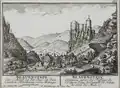 Alt-Falkenstein (hier als Blauenstein bezeichnet) mit dem Städtchen Klus auf einem Stich von Büchel/Herrliberger, um 1757/1758